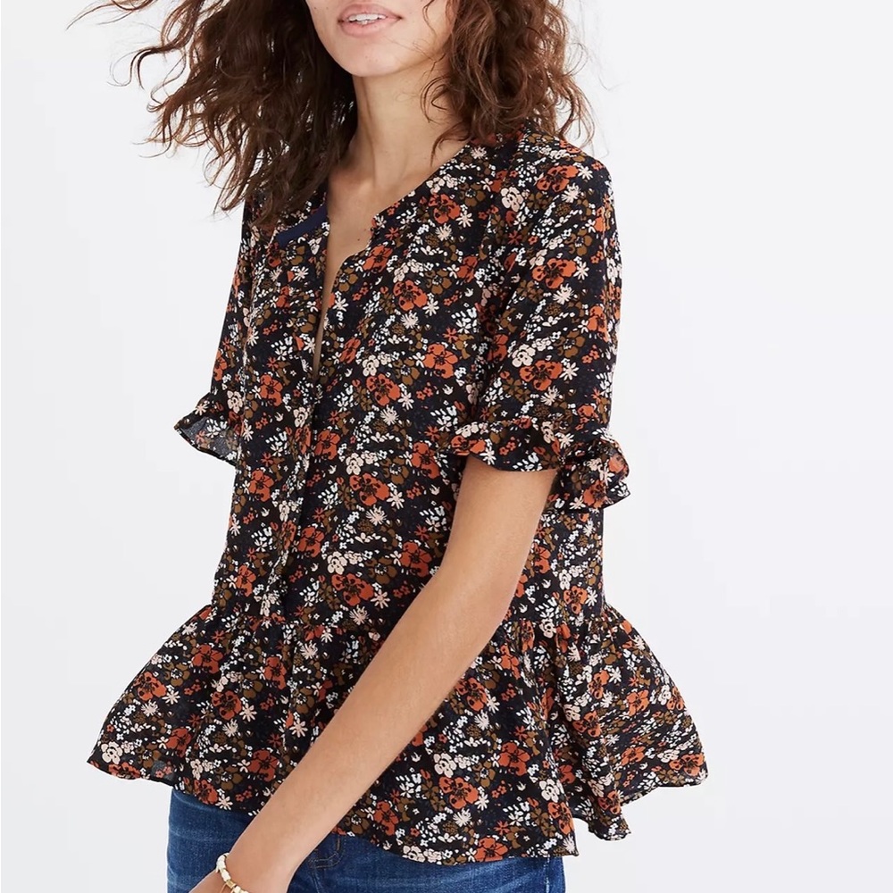 Madewell Silk Studio Ruffle-Hem Top in Prairie Blossoms